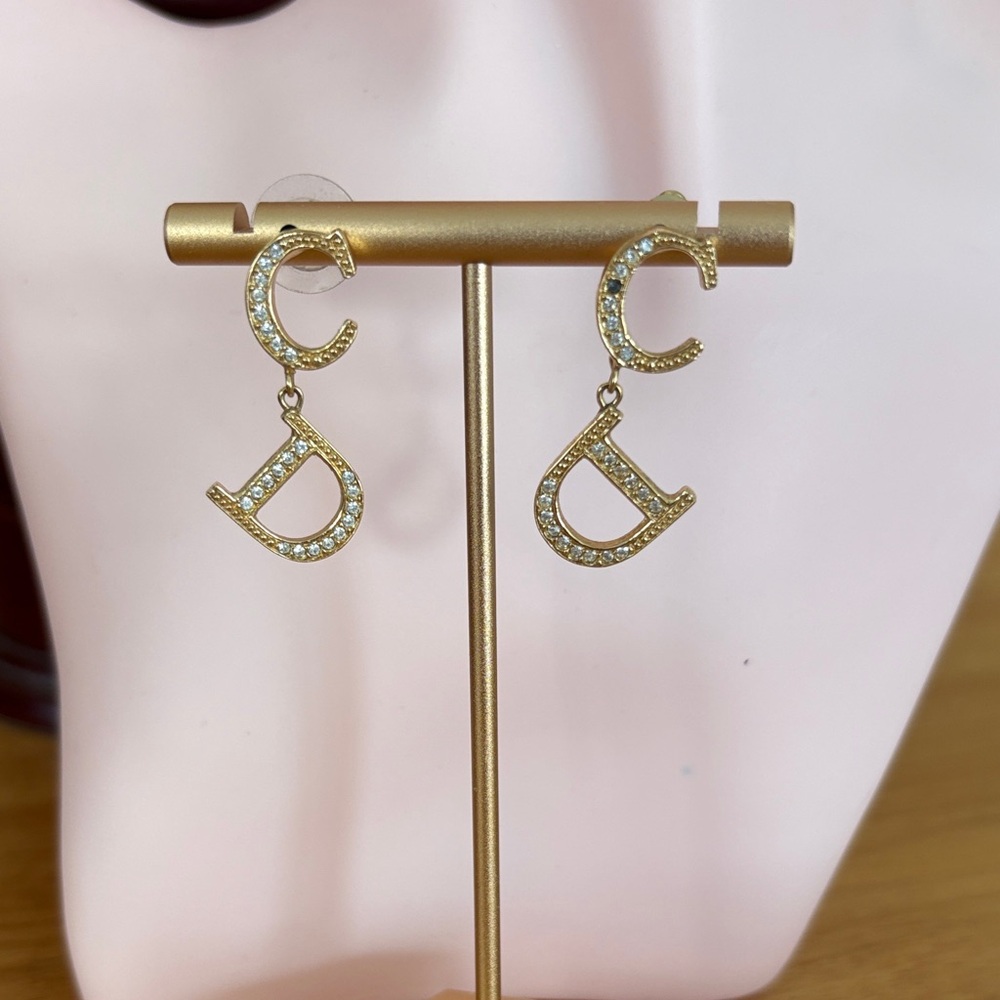 Christian Dior CD Logo Rhinestone Earrings Gold Tone